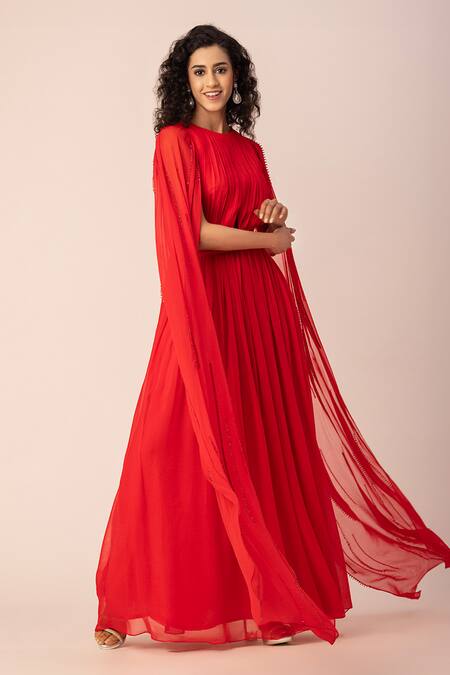 EWOKE_Red Georgette Crystals, Beads Round Neck Draped Pleated Gown _at_Aza_Fashions