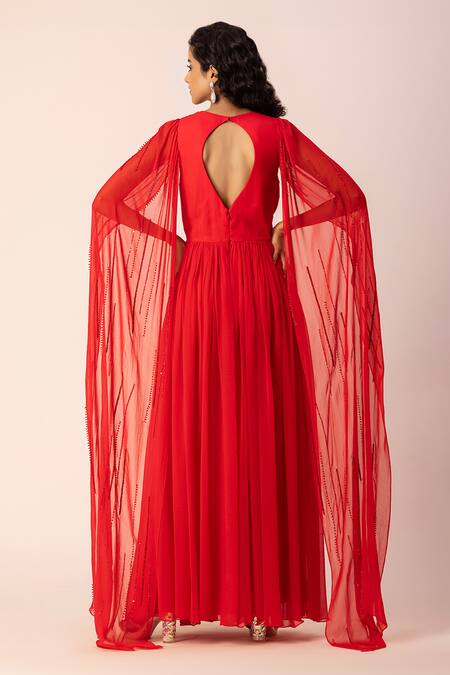 EWOKE_Red Georgette Crystals, Beads Round Neck Draped Pleated Gown _Online_at_Aza_Fashions