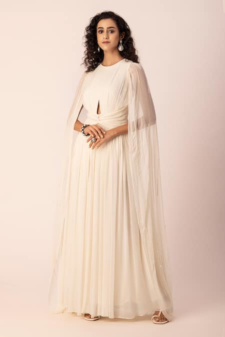 Buy Ewoke Ivory Georgette Crystals, Beads Round Neck Embroidered Draped Pleated Gown Online at Aza Fashions Buy_Ewoke_Ivory Georgette Crystals, Beads Round Neck Embroidered Draped Pleated Gown _Online_at_Aza_Fashions