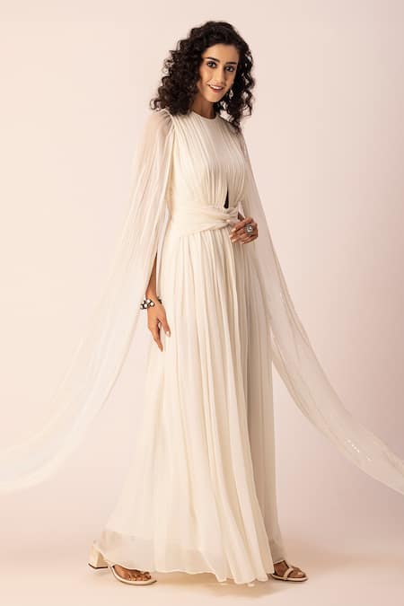 Shop Ewoke Ivory Georgette Crystals, Beads Round Neck Embroidered Draped Pleated Gown Online at Aza Fashions Shop_Ewoke_Ivory Georgette Crystals, Beads Round Neck Embroidered Draped Pleated Gown _Online_at_Aza_Fashions