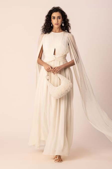 Ewoke Ivory Georgette Crystals, Beads Round Neck Embroidered Draped Pleated Gown at Aza Fashions Ewoke_Ivory Georgette Crystals, Beads Round Neck Embroidered Draped Pleated Gown _at_Aza_Fashions