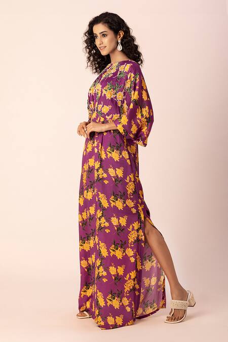 Buy_Ewoke_Purple Satin Embroidery Round Neck Bloom Draped Maxi Dress _Online_at_Aza_Fashions