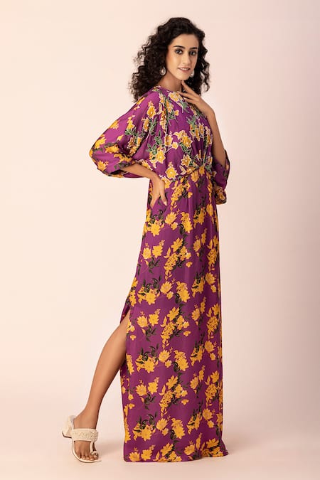 Shop_Ewoke_Purple Satin Embroidery Round Neck Bloom Draped Maxi Dress _Online_at_Aza_Fashions