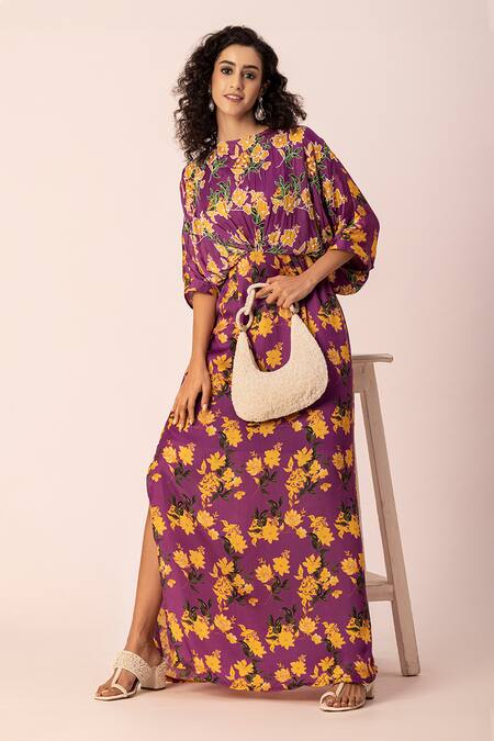 Ewoke_Purple Satin Embroidery Round Neck Bloom Draped Maxi Dress _at_Aza_Fashions