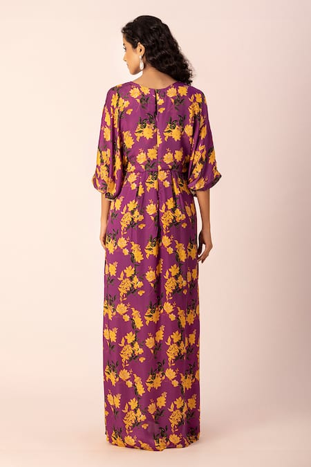 Ewoke_Purple Satin Embroidery Round Neck Bloom Draped Maxi Dress _Online_at_Aza_Fashions