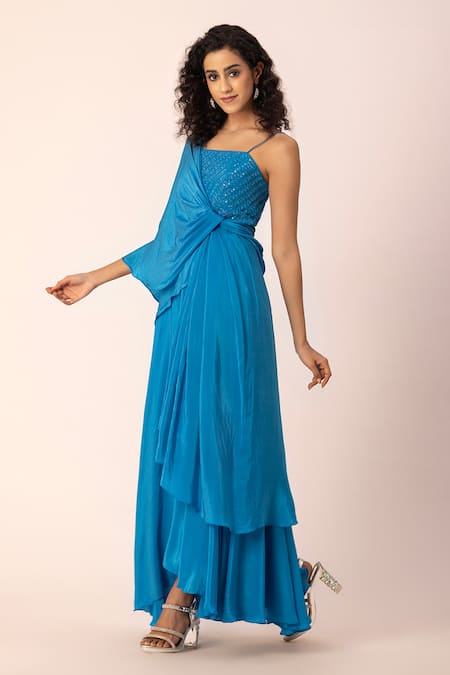 Buy_Ewoke_Blue Crepe Sequins Asymmetric Aquamarine Embroidered Drape Gown _Online_at_Aza_Fashions