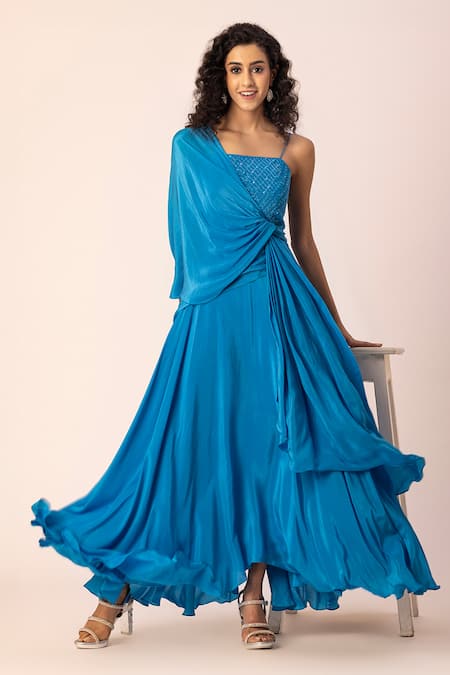 Ewoke_Blue Crepe Sequins Asymmetric Aquamarine Embroidered Drape Gown _at_Aza_Fashions