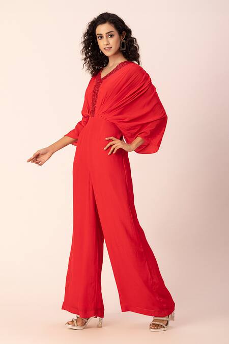 Buy_Ewoke_Red Crepe Sequins, Beads V-neck Embroidered Draped Jumpsuit _Online_at_Aza_Fashions