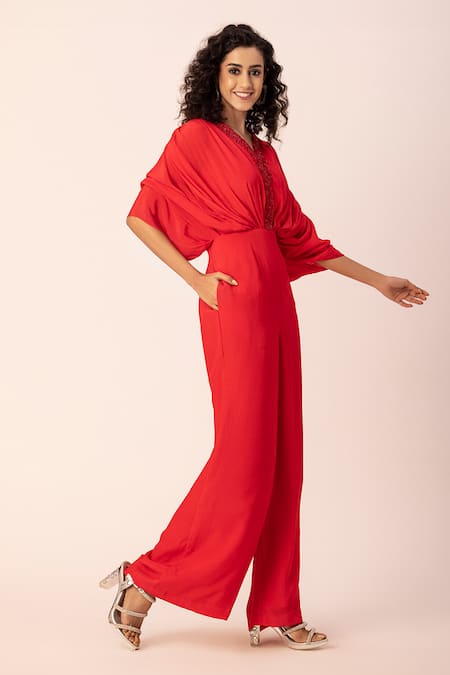 Shop_Ewoke_Red Crepe Sequins, Beads V-neck Embroidered Draped Jumpsuit _Online_at_Aza_Fashions