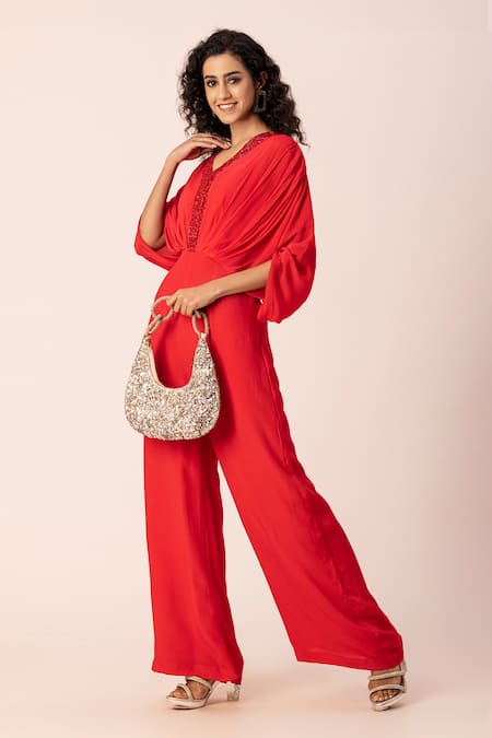 Ewoke_Red Crepe Sequins, Beads V-neck Embroidered Draped Jumpsuit _at_Aza_Fashions