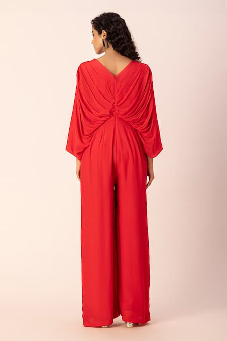 Ewoke_Red Crepe Sequins, Beads V-neck Embroidered Draped Jumpsuit _Online_at_Aza_Fashions