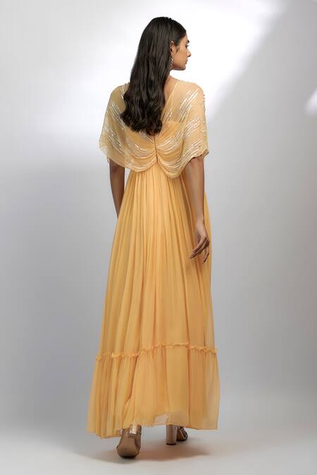 Ewoke_Yellow Georgette Sequins, Beads Square Neck Twilight Tango Embroidered Gown _Online_at_Aza_Fashions
