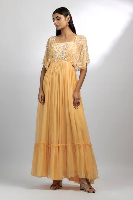 Buy_Ewoke_Yellow Georgette Sequins, Beads Square Neck Twilight Tango Embroidered Gown _Online_at_Aza_Fashions