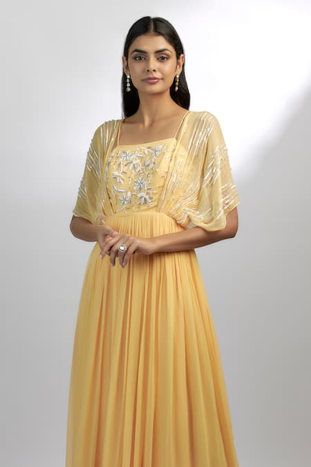 Shop_Ewoke_Yellow Georgette Sequins, Beads Square Neck Twilight Tango Embroidered Gown _Online_at_Aza_Fashions