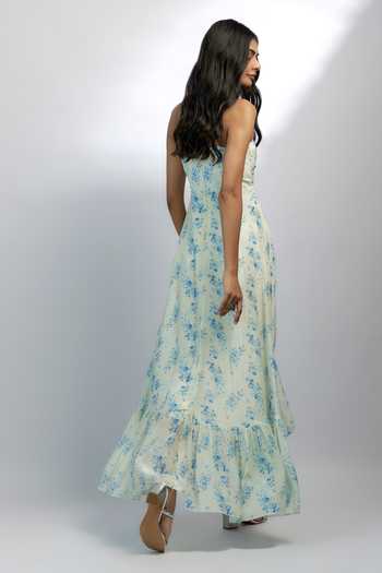 Ewoke_White Crepe Sequins, Beads Square Neck Ava Embroidered Ruffle Dress _Online_at_Aza_Fashions
