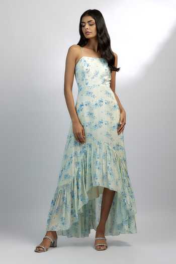 Buy_Ewoke_White Crepe Sequins, Beads Square Neck Ava Embroidered Ruffle Dress _Online_at_Aza_Fashions
