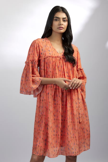 Ewoke_Orange Crepe V-neck Aara Floral Print A-line Dress _Online_at_Aza_Fashions