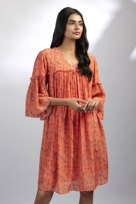 Buy_Ewoke_Orange Crepe V-neck Aara Floral Print A-line Dress _Online_at_Aza_Fashions