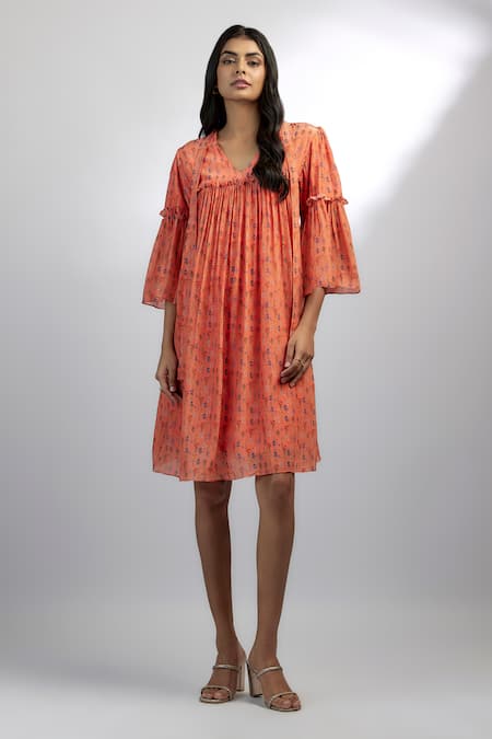 Shop_Ewoke_Orange Crepe V-neck Aara Floral Print A-line Dress _Online_at_Aza_Fashions