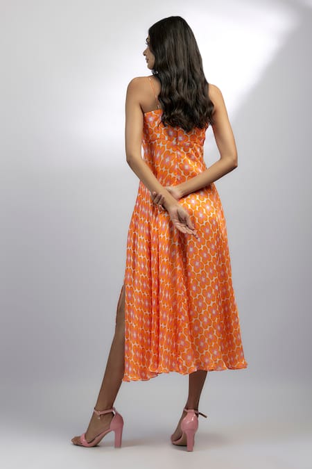 Shop_Ewoke_Orange Satin, Chiffon Square Neck Tangelo Geometric Print Knot Dress _at_Aza_Fashions
