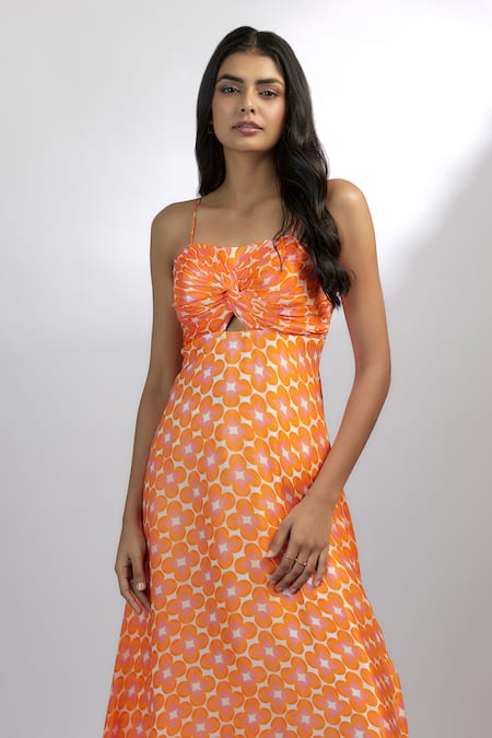 Ewoke_Orange Satin, Chiffon Square Neck Tangelo Geometric Print Knot Dress _Online_at_Aza_Fashions