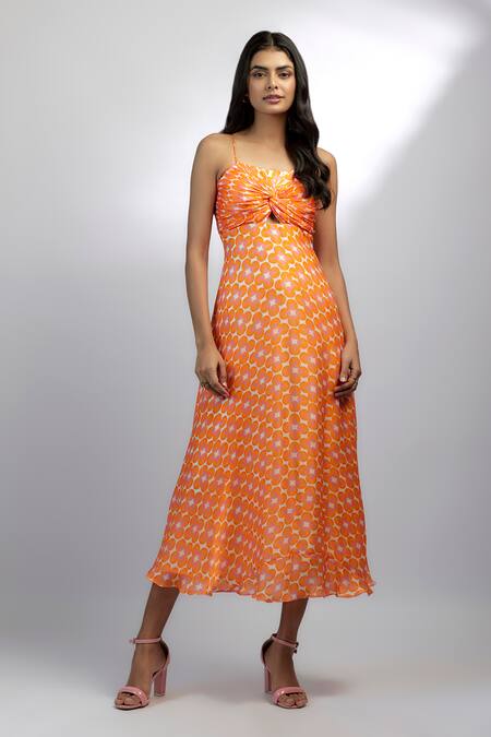 Shop_Ewoke_Orange Satin, Chiffon Square Neck Tangelo Geometric Print Knot Dress _Online_at_Aza_Fashions