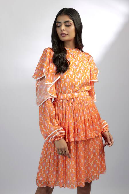 Ewoke Orange Chiffon Round Neck Tangelo Mini Ruffle Dress Online at Aza Fashions Ewoke_Orange Chiffon Round Neck Tangelo Mini Ruffle Dress _Online_at_Aza_Fashions