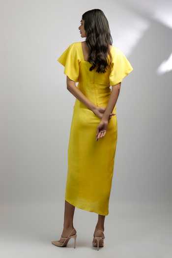 Ewoke_Yellow Crepe Sweetheart Neck Lyra Draped Bustier Dress _Online_at_Aza_Fashions