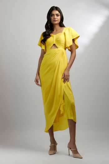 Buy_Ewoke_Yellow Crepe Sweetheart Neck Lyra Draped Bustier Dress _Online_at_Aza_Fashions