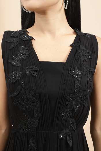 Ewoke_Black Georgette Sequins, Beads Asymmetric 3d Floral Embroidered Jumpsuit _Online_at_Aza_Fashions