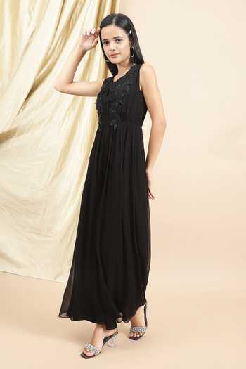 Buy_Ewoke_Black Georgette Sequins, Beads Asymmetric 3d Floral Embroidered Jumpsuit _Online_at_Aza_Fashions