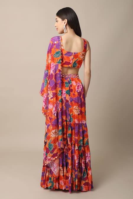 Shop_Ewoke_Orange Crepe Mirrors Square Neck Gemini Floral Print Skirt Set _at_Aza_Fashions