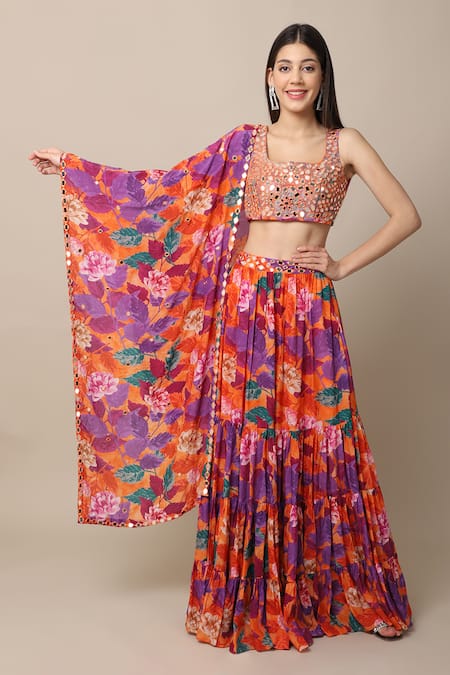Ewoke_Orange Crepe Mirrors Square Neck Gemini Floral Print Skirt Set _Online_at_Aza_Fashions