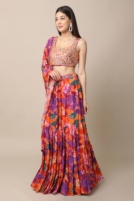 Buy_Ewoke_Orange Crepe Mirrors Square Neck Gemini Floral Print Skirt Set _Online_at_Aza_Fashions