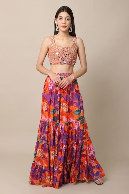 Shop_Ewoke_Orange Crepe Mirrors Square Neck Gemini Floral Print Skirt Set _Online_at_Aza_Fashions