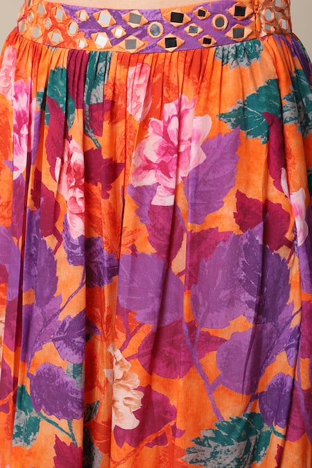 Buy_Ewoke_Orange Crepe Mirrors Square Neck Gemini Floral Print Skirt Set 