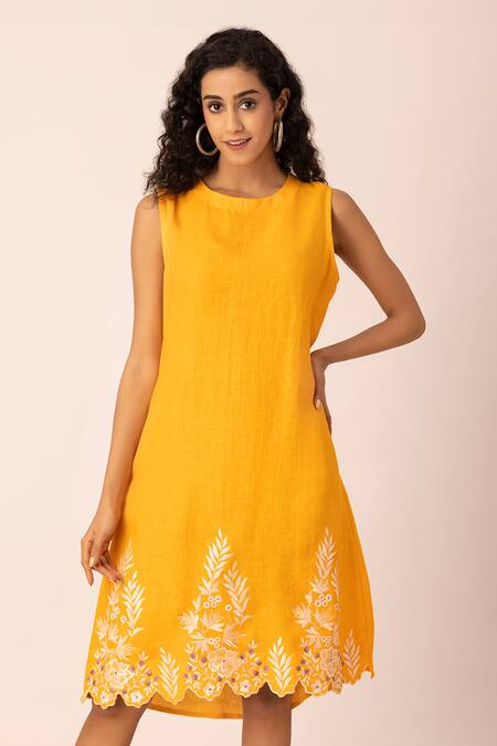 Ewoke Yellow Hemp Embroidery Round Neck Floral Border Sheath Dress Online at Aza Fashions Ewoke_Yellow Hemp Embroidery Round Neck Floral Border Sheath Dress _Online_at_Aza_Fashions