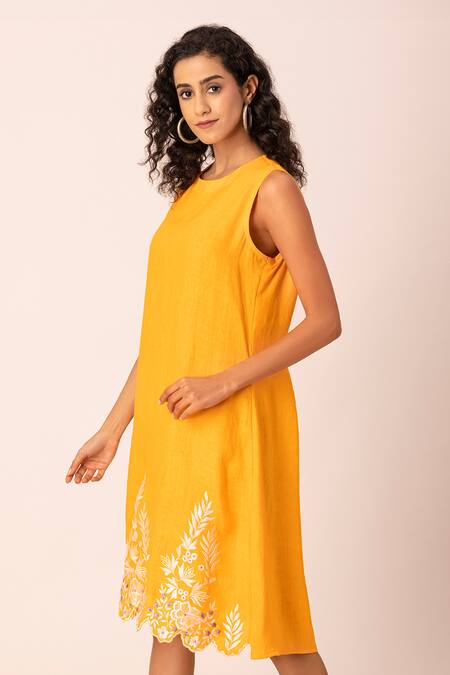 Buy Ewoke Yellow Hemp Embroidery Round Neck Floral Border Sheath Dress Online at Aza Fashions Buy_Ewoke_Yellow Hemp Embroidery Round Neck Floral Border Sheath Dress _Online_at_Aza_Fashions