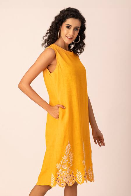 Shop Ewoke Yellow Hemp Embroidery Round Neck Floral Border Sheath Dress Online at Aza Fashions Shop_Ewoke_Yellow Hemp Embroidery Round Neck Floral Border Sheath Dress _Online_at_Aza_Fashions