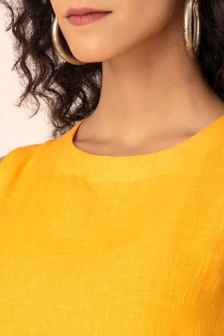 Ewoke Yellow Hemp Embroidery Round Neck Floral Border Sheath Dress at Aza Fashions Ewoke_Yellow Hemp Embroidery Round Neck Floral Border Sheath Dress _at_Aza_Fashions