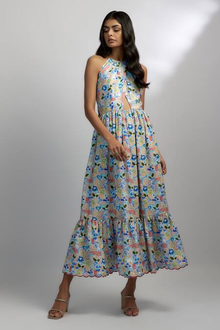 Buy_Ewoke_Multi Color Hemp Embroidery Halter Neck Swan Print Gown _Online_at_Aza_Fashions