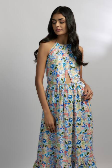 Shop_Ewoke_Multi Color Hemp Embroidery Halter Neck Swan Print Gown _Online_at_Aza_Fashions
