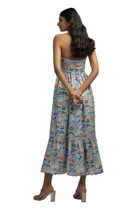 Ewoke_Multi Color Hemp Embroidery Halter Neck Swan Print Gown _at_Aza_Fashions