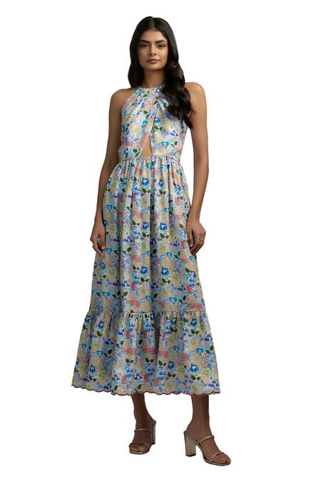 Buy_Ewoke_Multi Color Hemp Embroidery Halter Neck Swan Print Gown 