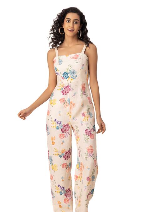 Shop Ewoke White Hemp Square Neck Petal Pop Print Jumpsuit Online at Aza Fashions Shop_Ewoke_White Hemp Square Neck Petal Pop Print Jumpsuit _Online_at_Aza_Fashions