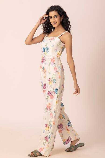 Ewoke White Hemp Square Neck Petal Pop Print Jumpsuit at Aza Fashions Ewoke_White Hemp Square Neck Petal Pop Print Jumpsuit _at_Aza_Fashions