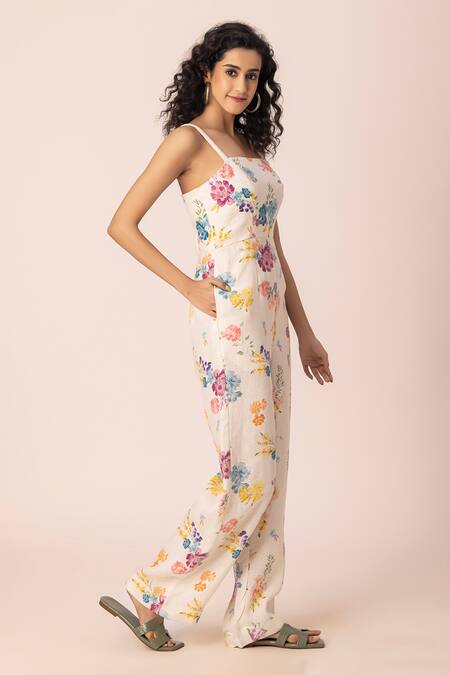 Buy Ewoke White Hemp Square Neck Petal Pop Print Jumpsuit Buy_Ewoke_White Hemp Square Neck Petal Pop Print Jumpsuit