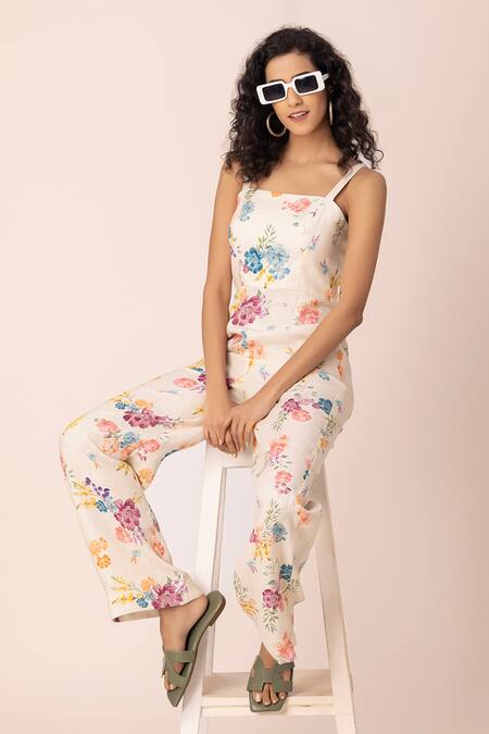 Shop Ewoke White Hemp Square Neck Petal Pop Print Jumpsuit Shop_Ewoke_White Hemp Square Neck Petal Pop Print Jumpsuit