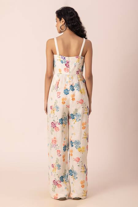 Ewoke White Hemp Square Neck Petal Pop Print Jumpsuit Online at Aza Fashions Ewoke_White Hemp Square Neck Petal Pop Print Jumpsuit _Online_at_Aza_Fashions