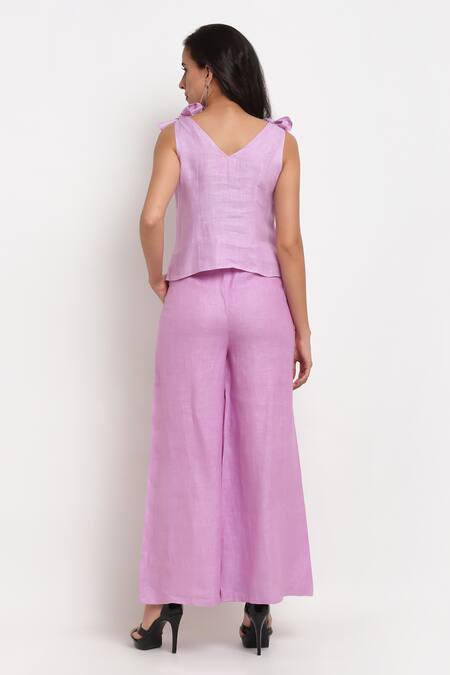 Shop_Ewoke_Purple Hemp V-neck V Top And Flared Pant Set _at_Aza_Fashions